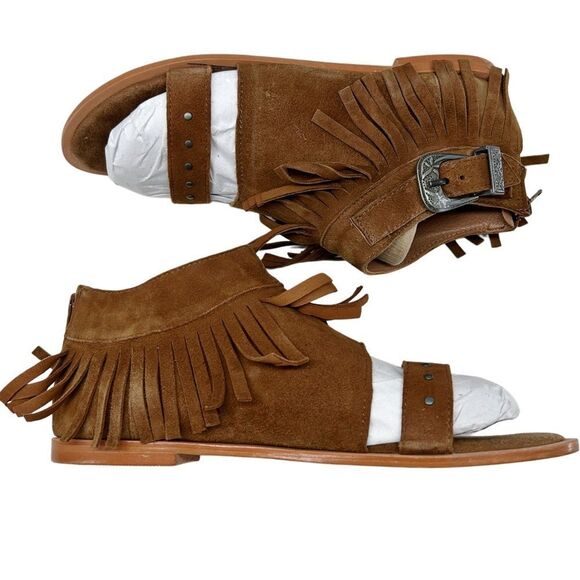 Curations Caravan Hero 2 Leather Fringe Silver Buckle Embellished Sandal Tan 6 - Picture 6 of 14